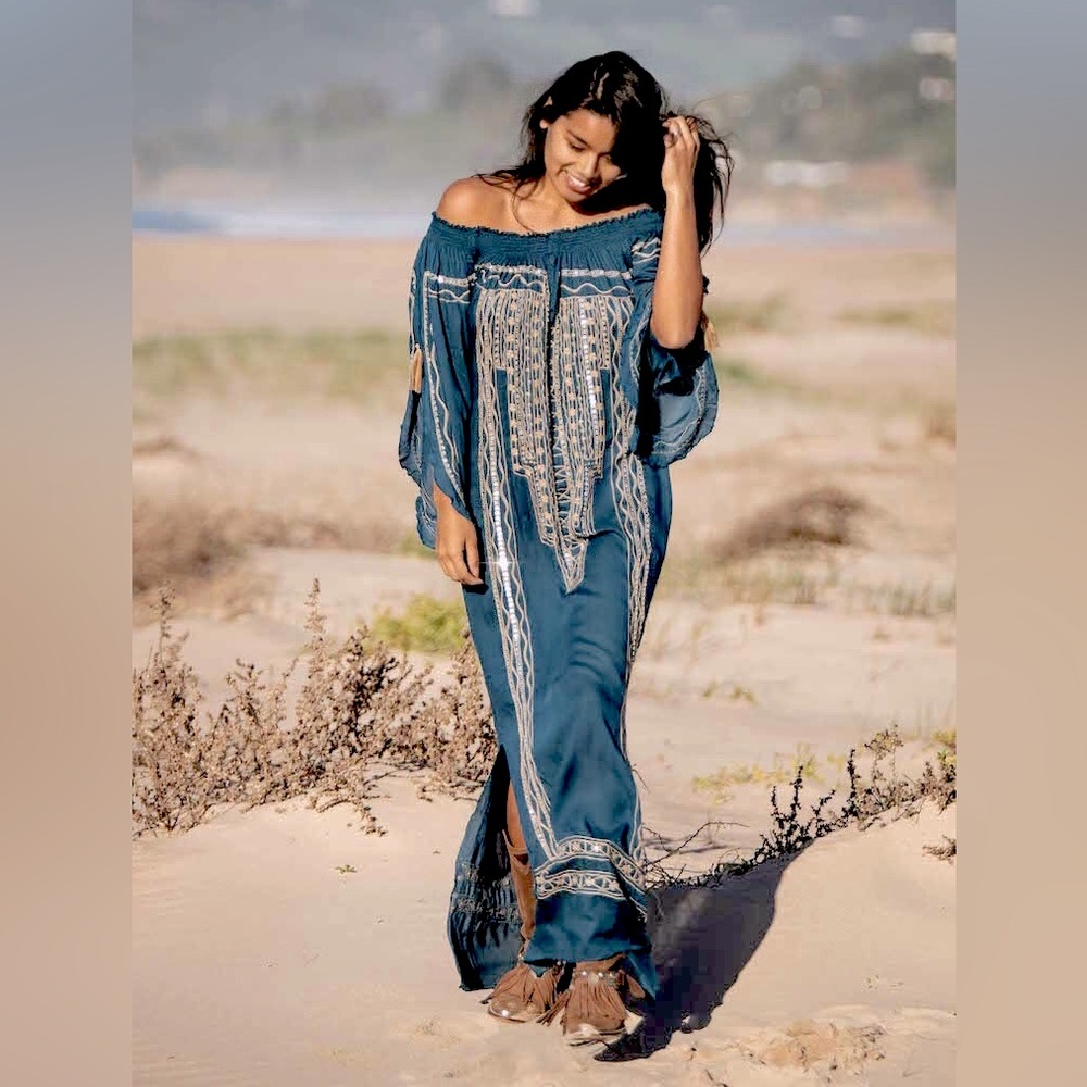 Teal Embroidered Embellished Maxi Tunic
